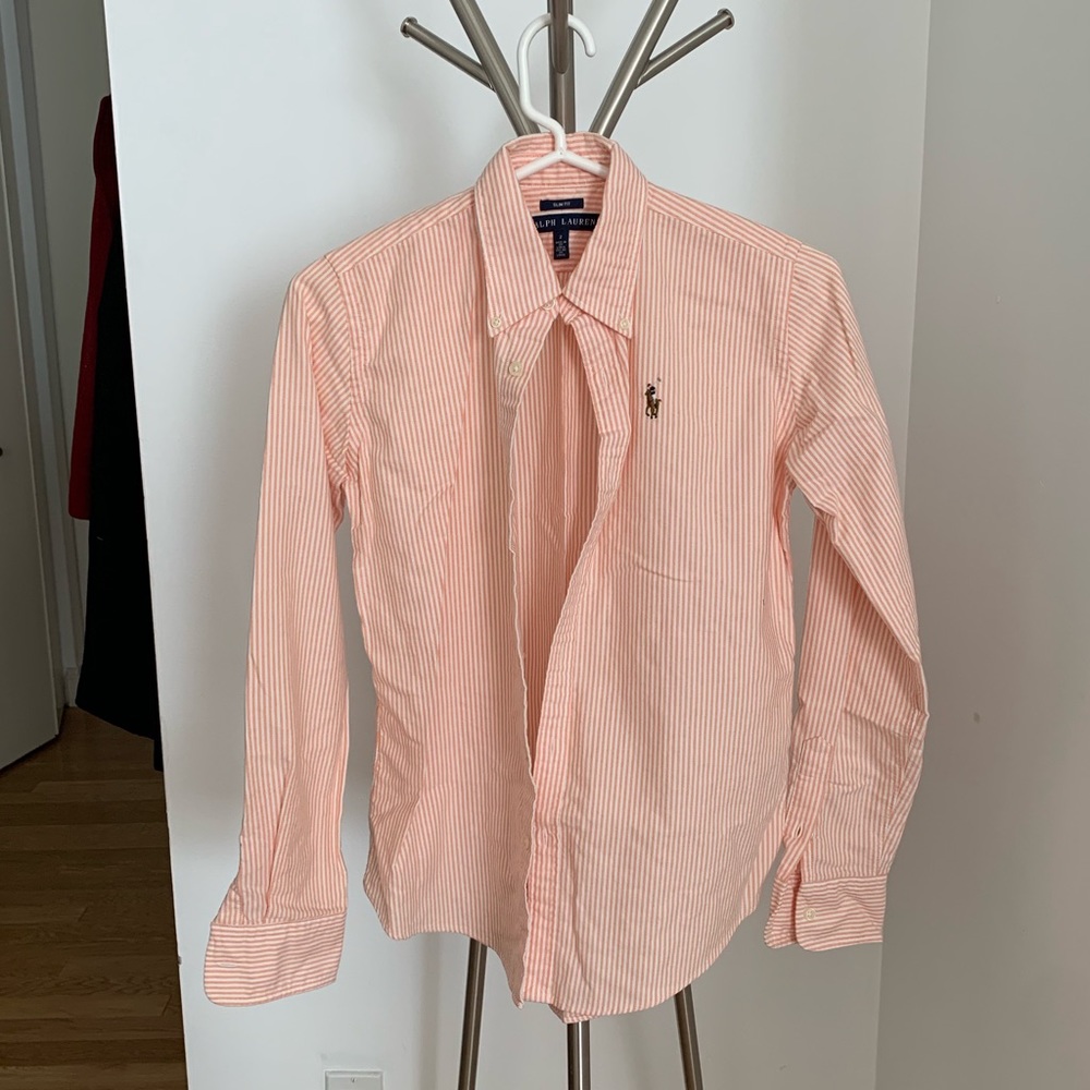 Orange striped button down polo